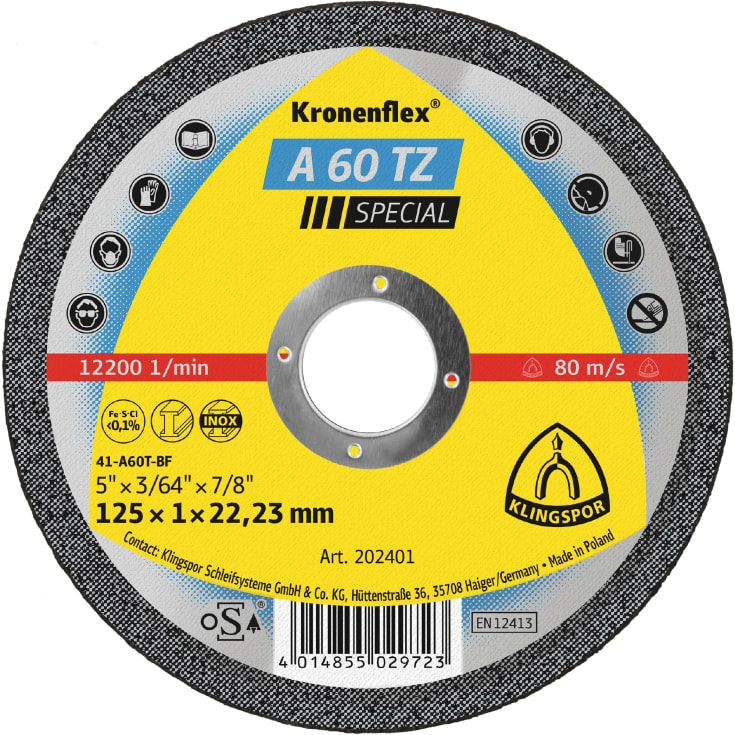 Klingspor skjæreskive A 60 TZ, 125 x 1 x 22,23 mm, rett