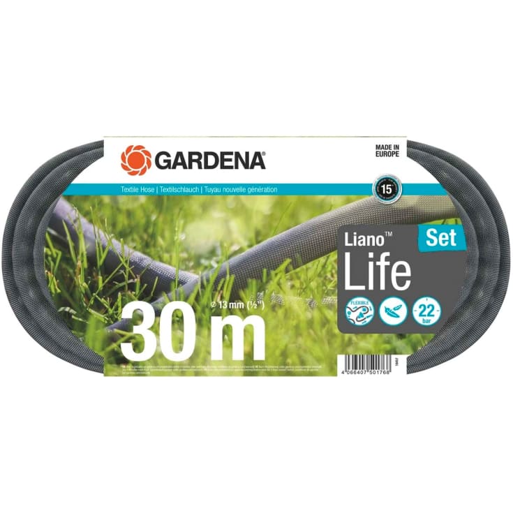 Gardena Liano hageslange, tekstil, trykkbestandig 22 bar, 13 mm, 30 m, komplett sett