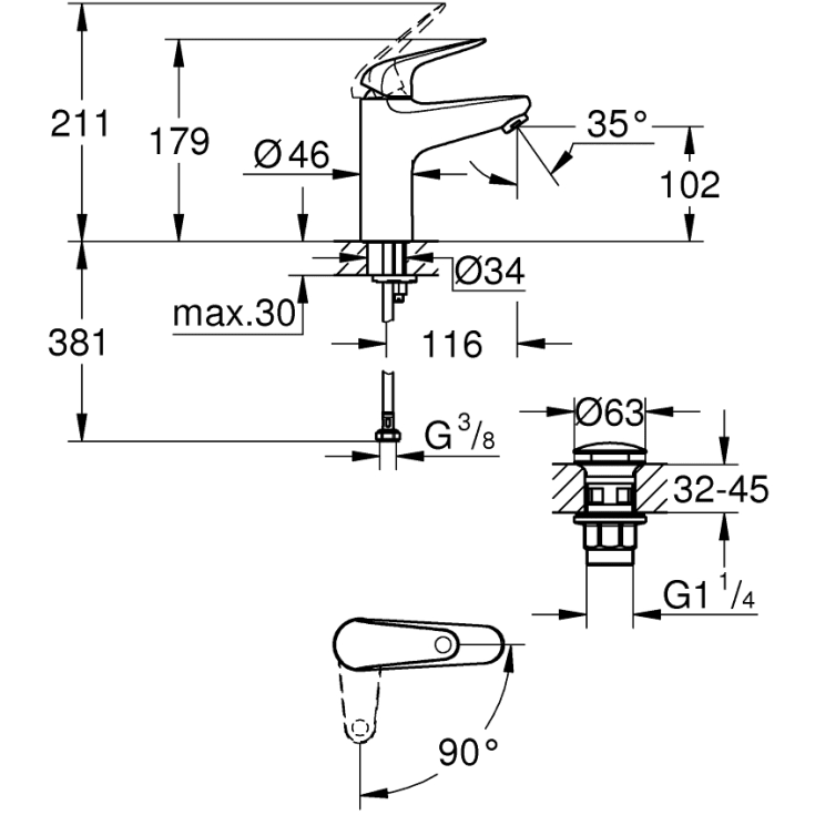 Grohe Swift tvättställsblandare, kallstart, krom