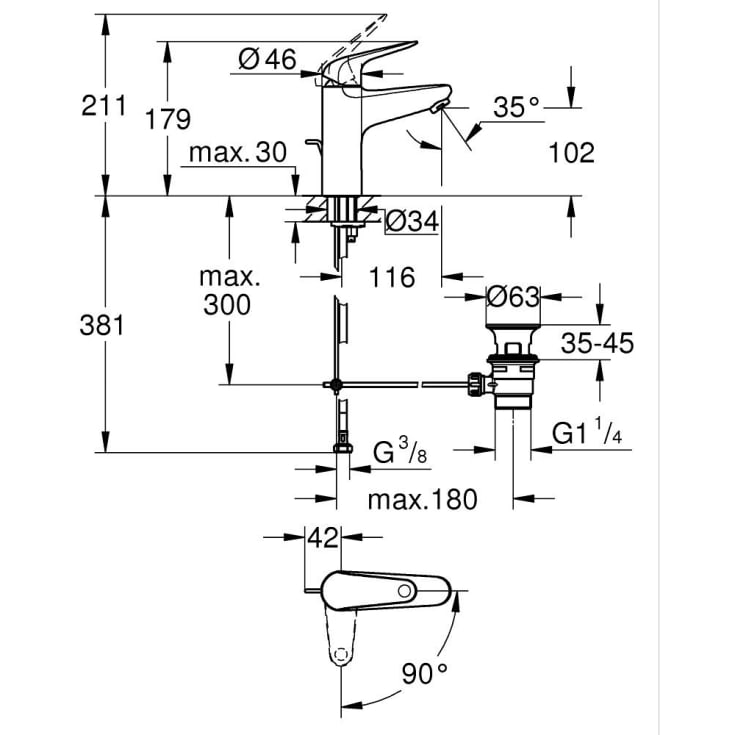Grohe Swift servantbatteri, kaldstart, krom