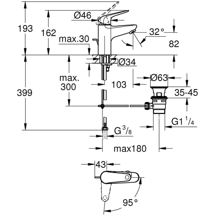 Grohe Swift servantbatteri, kaldstart, krom