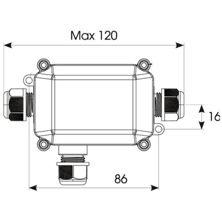 IP65-boks 3-veis for 3-leder L-120 mm B-62 mm H-39 mm