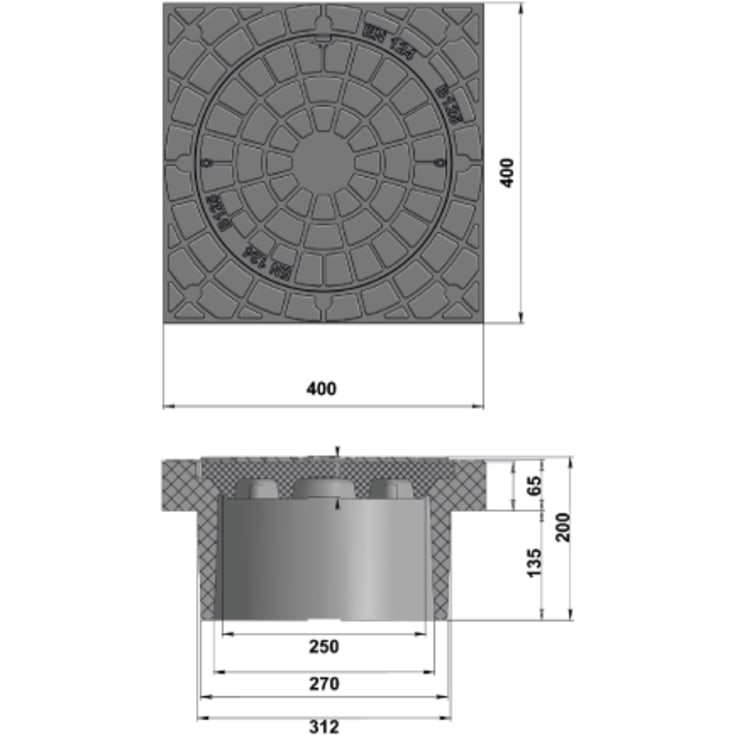 Dutra 315 mm karm/dæksel, firkantet, fast, 12,5 t, PE
