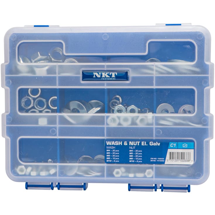 NKT sortimentslåda m. 108 bickor och 108 mutrar