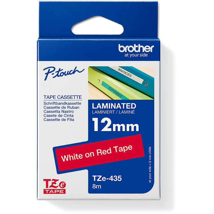 Brother TZe-435 etikettejp, vit/röd, 12 mm x 8 m