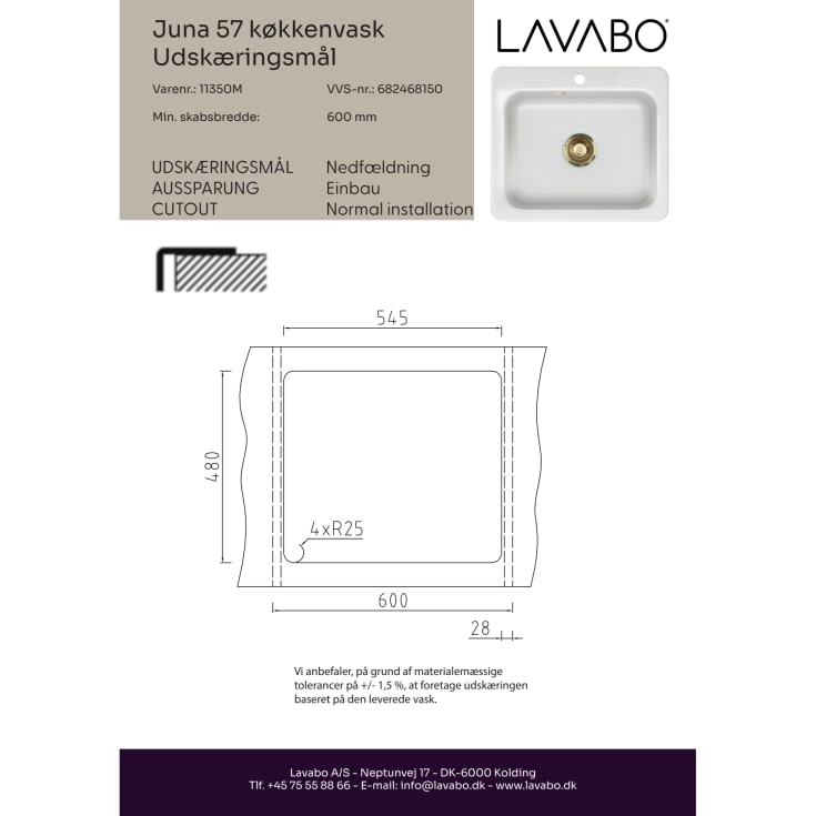 Lavabo Juna 57 kjøkkenvask, 57,5x51 cm, hvit