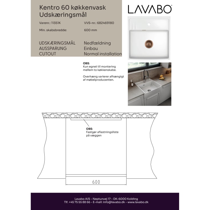 Lavabo Kentro 60 kjøkkenvask, 59,5x61,8 cm, hvit