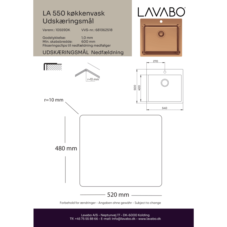 Lavabo LA 550 køkkenvask, 55x50 cm, kobber