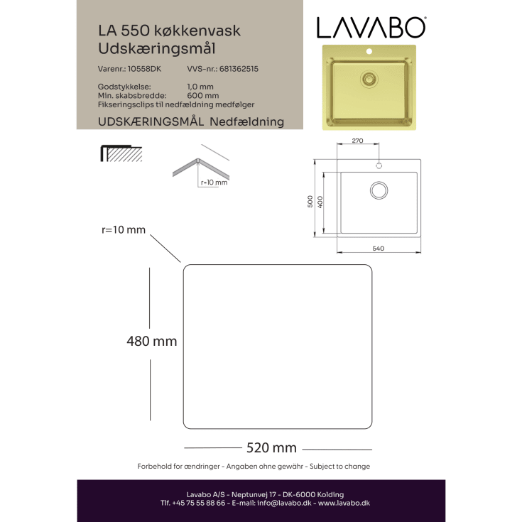 Lavabo LA 550 køkkenvask, 55x50 cm, messing