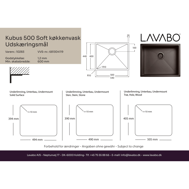 Lavabo Kubus 500 Soft kjøkkenvask, 54x44 cm, mørk bronse