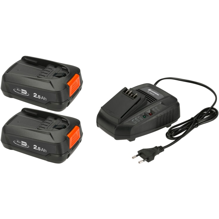 2 stk Gardena batterisæt og lader, 2 x 18V 2,5Ah