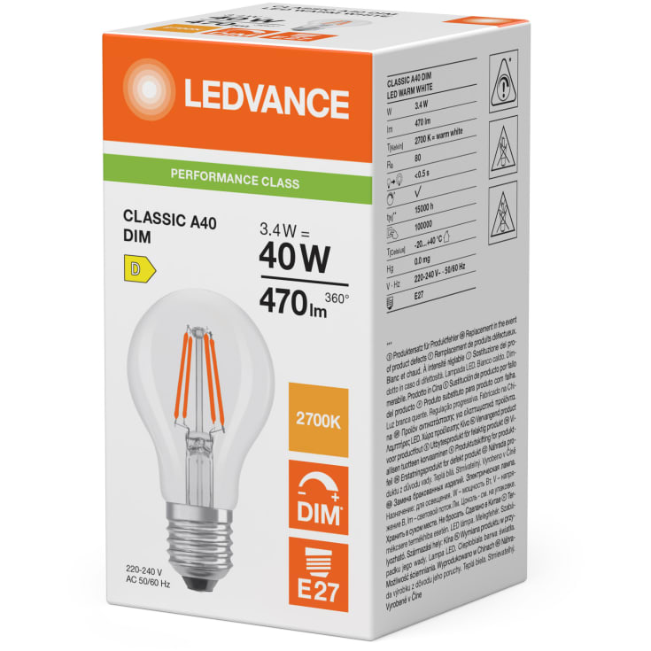 Ledvance E27 standardlampa, 2700K, 3,4W