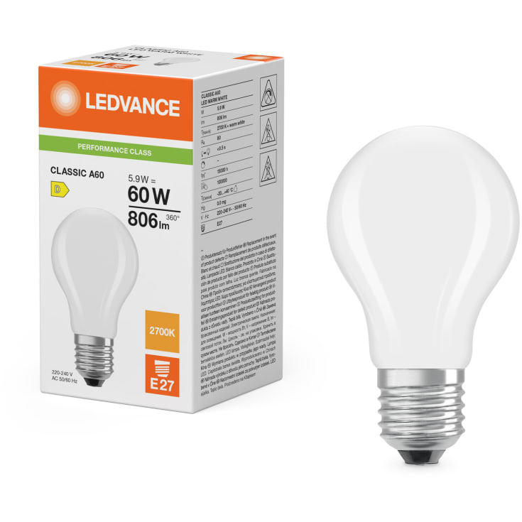 Ledvance E27 standardlampa, 2700K, 5,9W