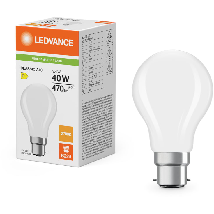 Ledvance E22 standardpære, 2700K, 3,4W