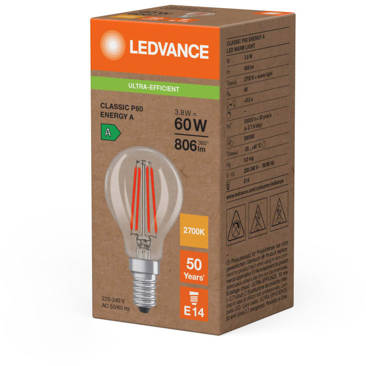 Ledvance E14 kronepære, 2700K, 3,8W