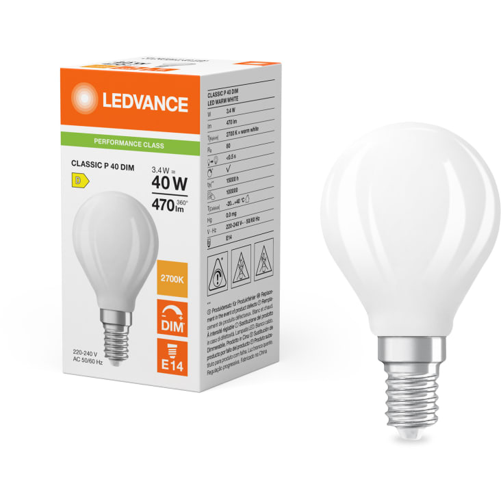 Ledvance E14 klotlampa, 2700K, 3,4W