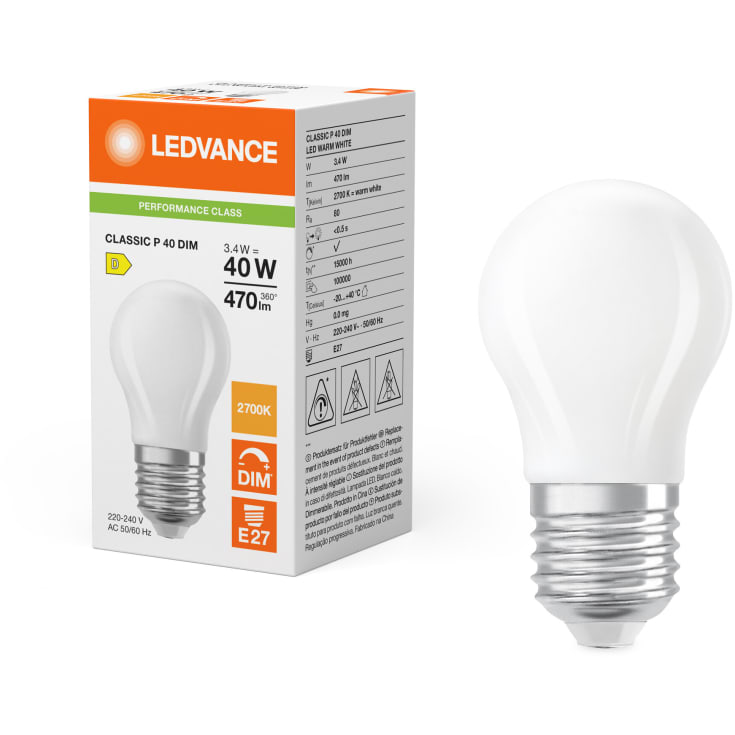 Ledvance E27 klotlampa, 2700K, 3,4W