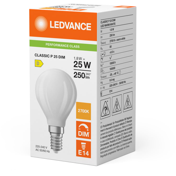 Ledvance E14 kronepære, 2700K, 1,8W