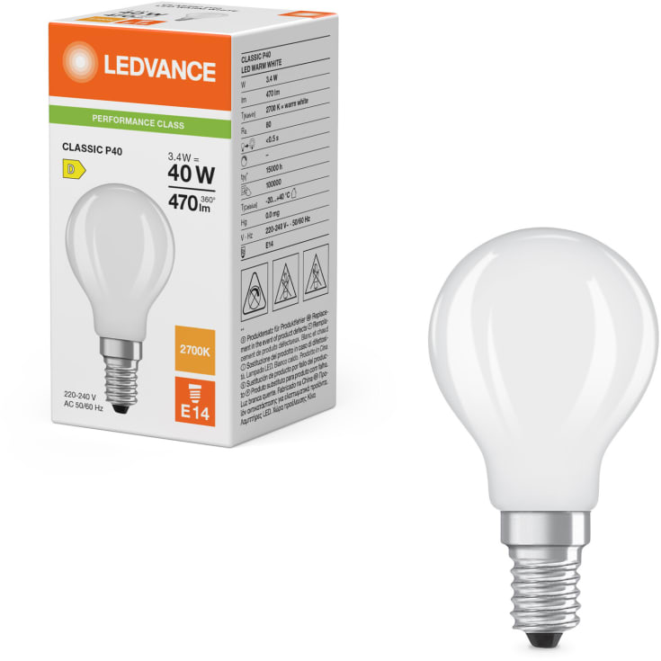 Ledvance E14 klotlampa, 2700K, 3,4W
