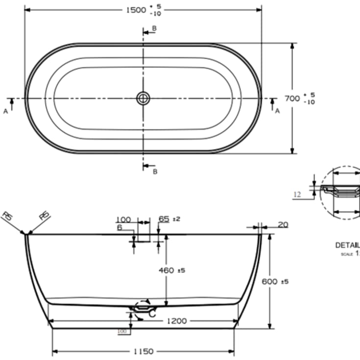 Strømberg Riba fritstående badekar, 1500 x 700 mm