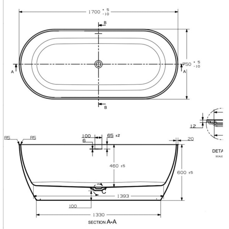 Strømberg Riba fritstående badekar,  1700 x 750 mm