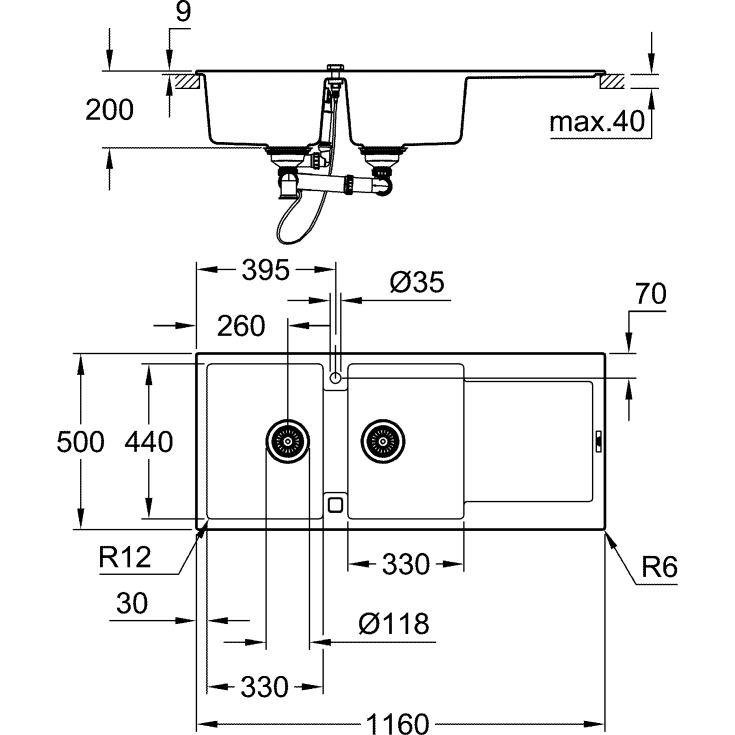 Grohe K500 diskbänk, 116x50 cm, svart