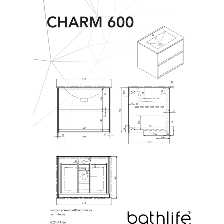 Bathlife Charm møbelpakke, med servant, 61x46,5x52 cm, sort eik