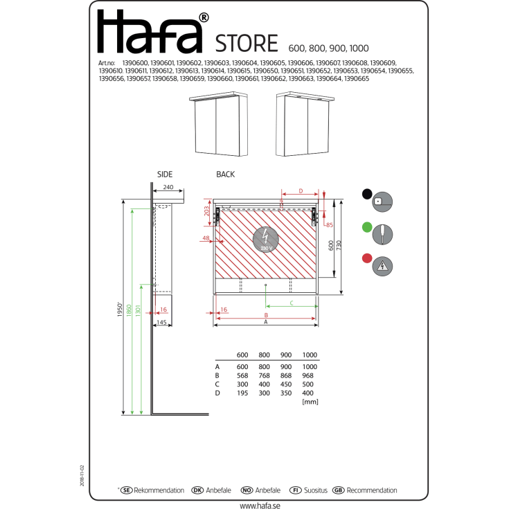 Hafa Store speilskap, med lys, 80x73 cm, antrasittgrå