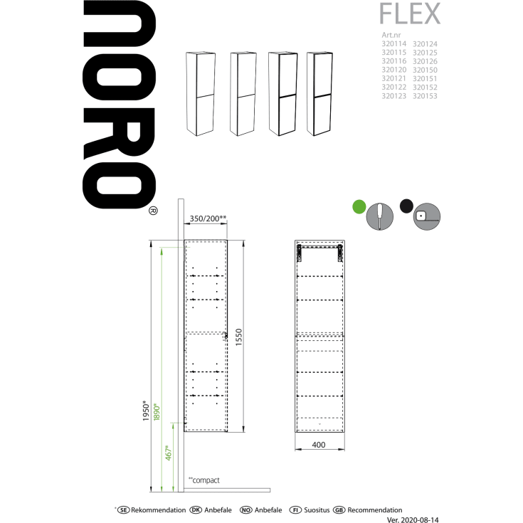 Noro Flex høyskap, 40x155 cm, antrasittgrå