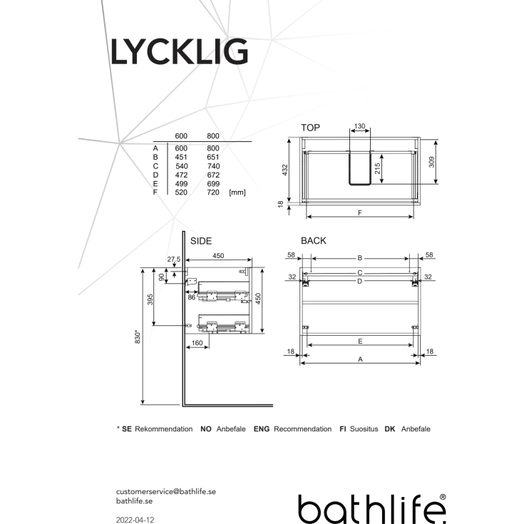 Bathlife Lycklig møbelpakke, med servant, 81x46,5x47 cm, hvit