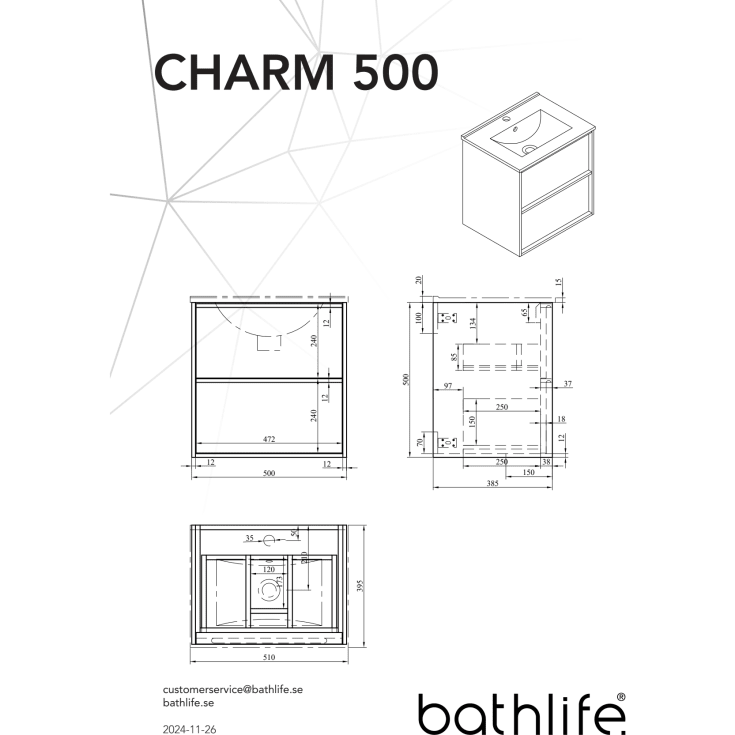 Bathlife Charm møbelpakke, med servant, 51x39,5x50 cm, valnøtt