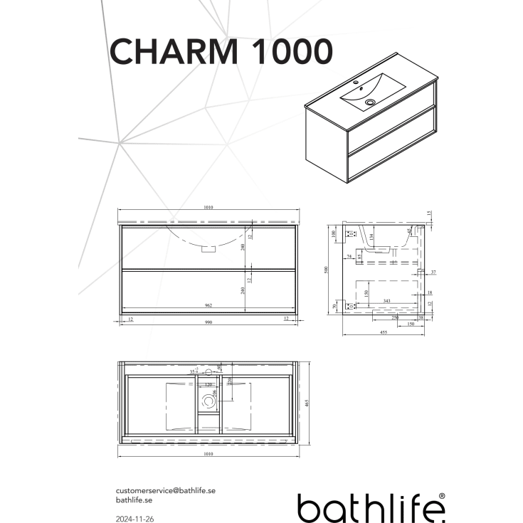 Bathlife Charm møbelpakke, med servant, 101x46,5x52 cm, valnøtt