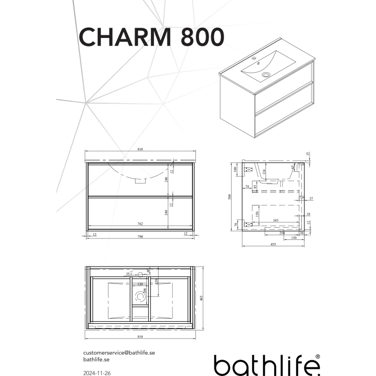 Bathlife Charm møbelpakke, med servant, 81x46,5x52 cm, eik