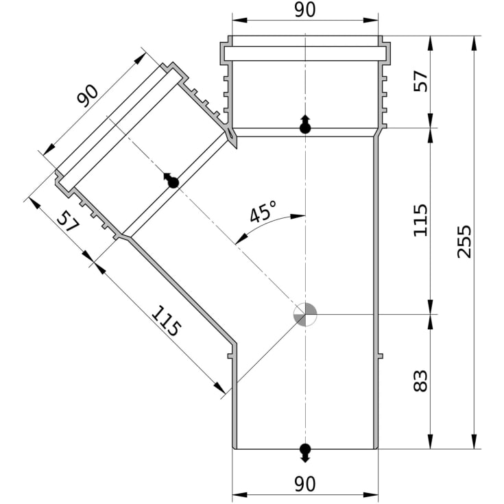 Wavin Sitech+ grenrør, 45°, Ø90x90 mm, plast, sort