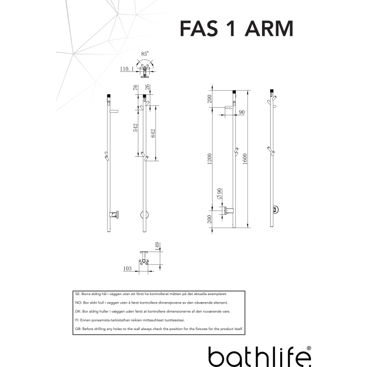 Bathlife Fas 1 elektrisk håndkletørker 160 cm, krom