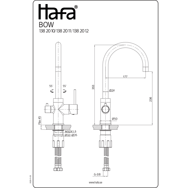 Hafa Bow kjøkkenarmatur, med avstengning, børstet messing