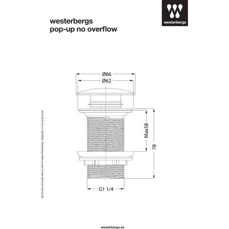 Westerbergs bunnventil, push-open, Krom