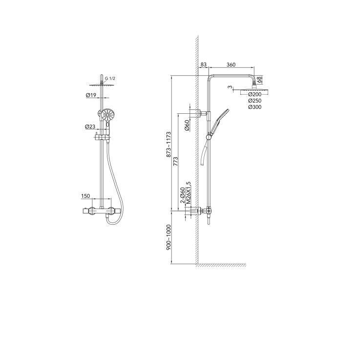 Noro City komplett dusjsett, Ø250 mm, Sort