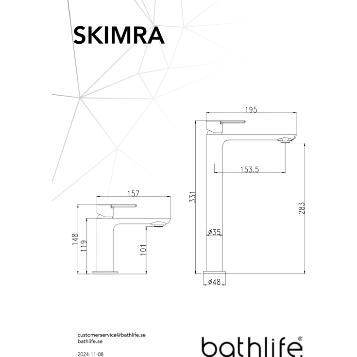 Bathlife Skimra servantbatteri, uten bunnventil, sort matt