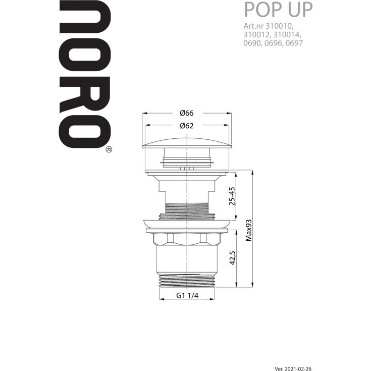 Noro bunnventil, push-open, krom