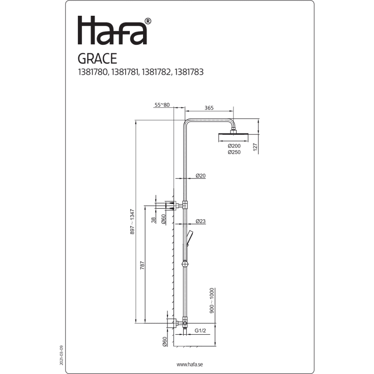 Hafa Grace dusjsett med hodedusj, Ø250 mm, Krom