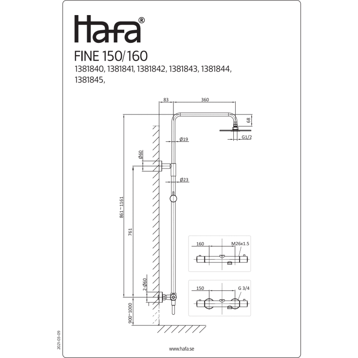Hafa Fine dusjsett, Ø250 mm, børstet messing