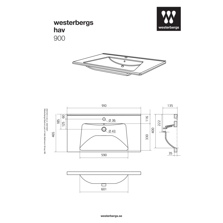 Westerbergs Hav møbelservant, uten overløp, 91x46,5 cm, Gråspraglete