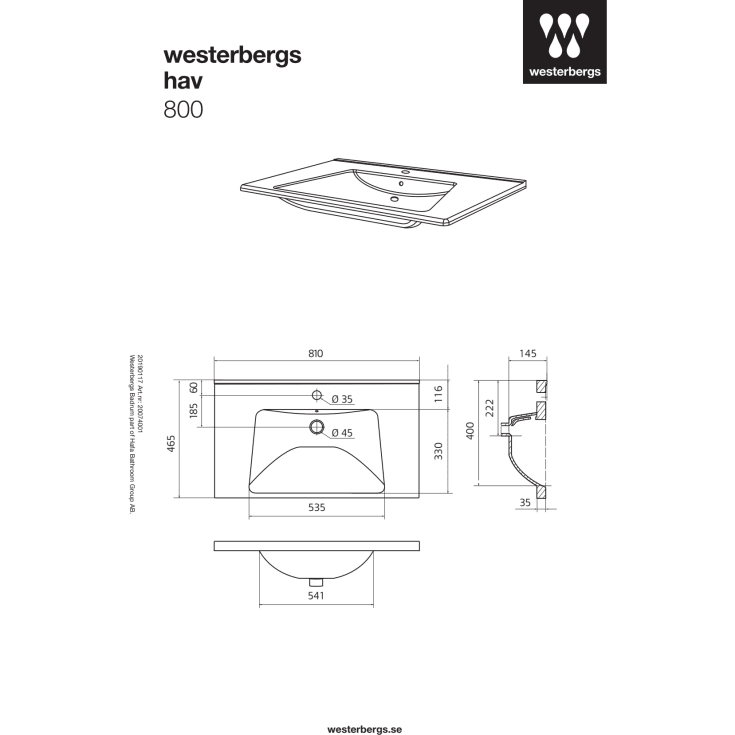 Westerbergs Hav møbelservant, med overløp, 81x46,5 cm, Hvit
