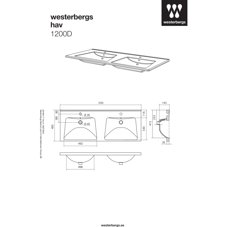 Westerbergs Hav møbelservant, med overløp, 121x46,5 cm, Hvit