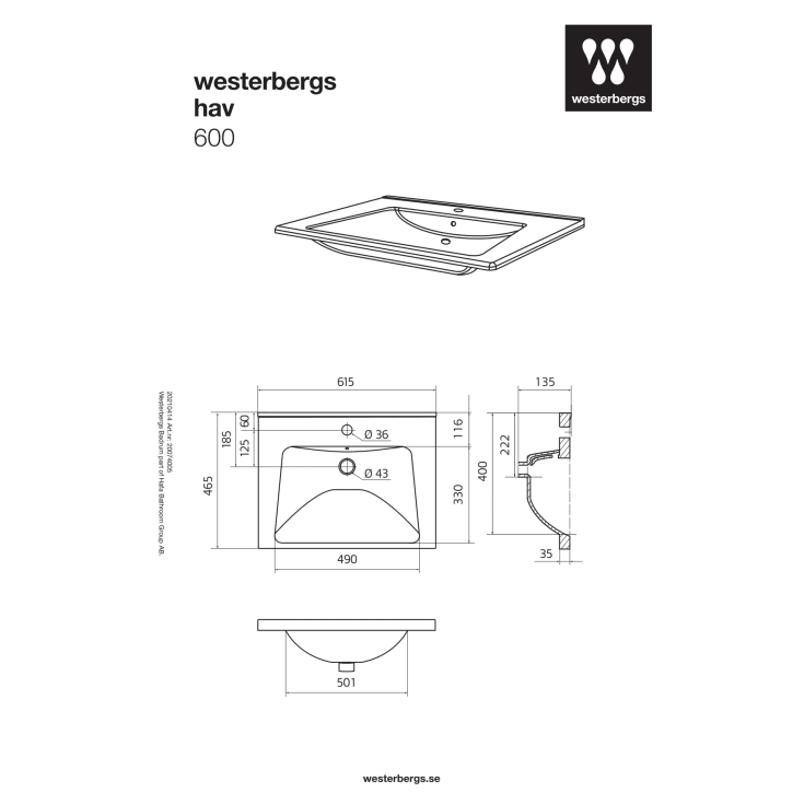 Westerbergs Hav møbelservant, uten overløp, 61,5x46,5 cm, Gråspraglete