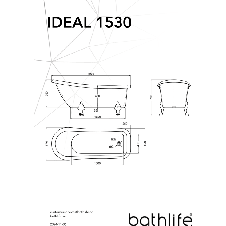 Bathlife Ideal badekar med løveføtter, 153x67 cm, akryl, krom