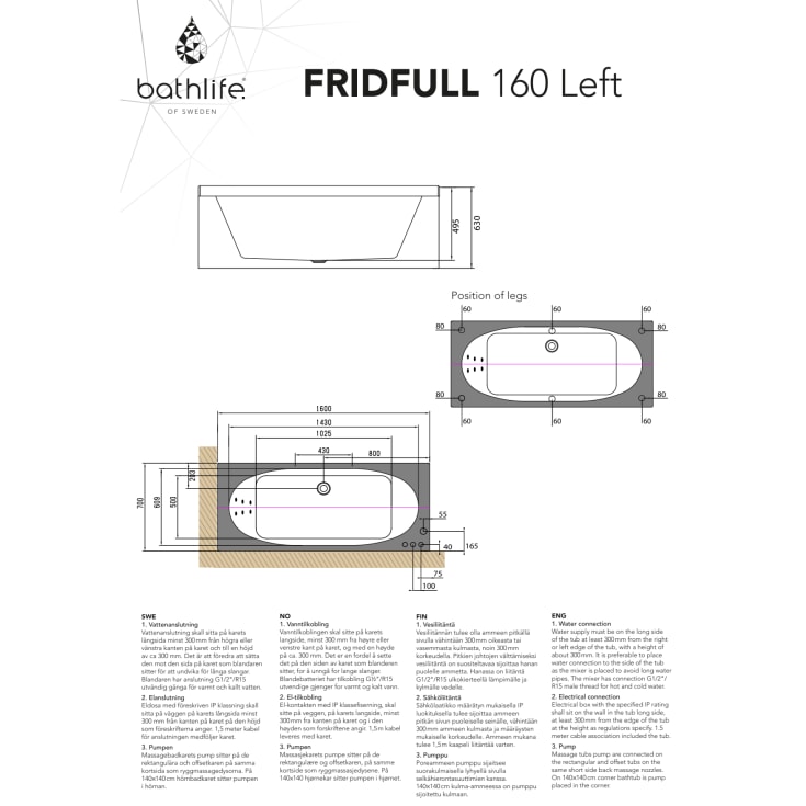 Bathlife Fridfull boblebad premium 160 cm, venstre, hvit