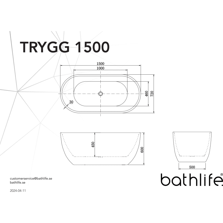 Bathlife Trygg badekar, 150x72 cm, hvit