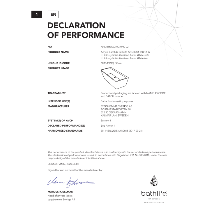 Bathlife Andrum badekar, 150x75 cm, hvit